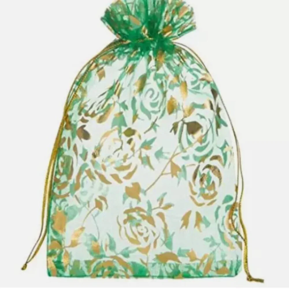 100 Pack Organza Gift Bag 4x6 Green Sheer Gold Rose Drawstring Wedding Favor NEW